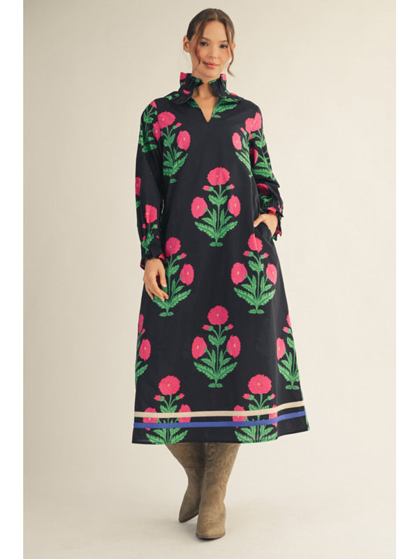 Ruffle Long Sleeve Midi Dress