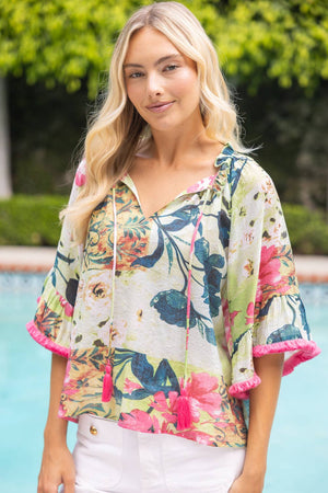 Tassle and Fringe Wide Sleeve Floral Top