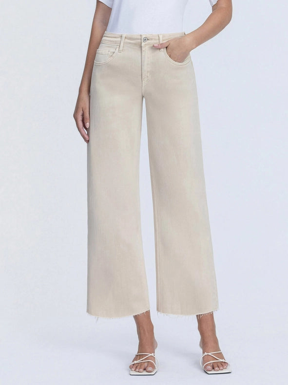 High Rise Cream Crop Wide Leg Jeans