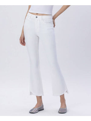 High Rise Raw Slant Step Hem Crop Flare White Jeans