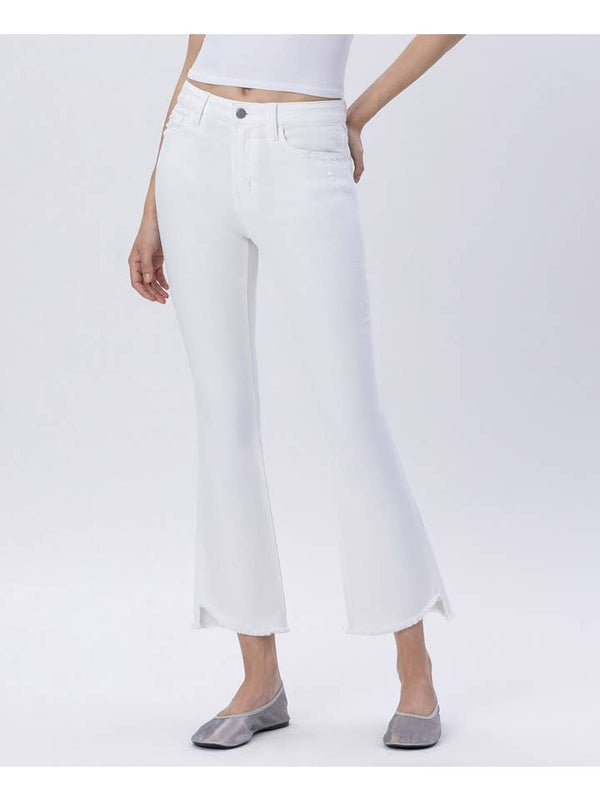 High Rise Raw Slant Step Hem Crop Flare White Jeans
