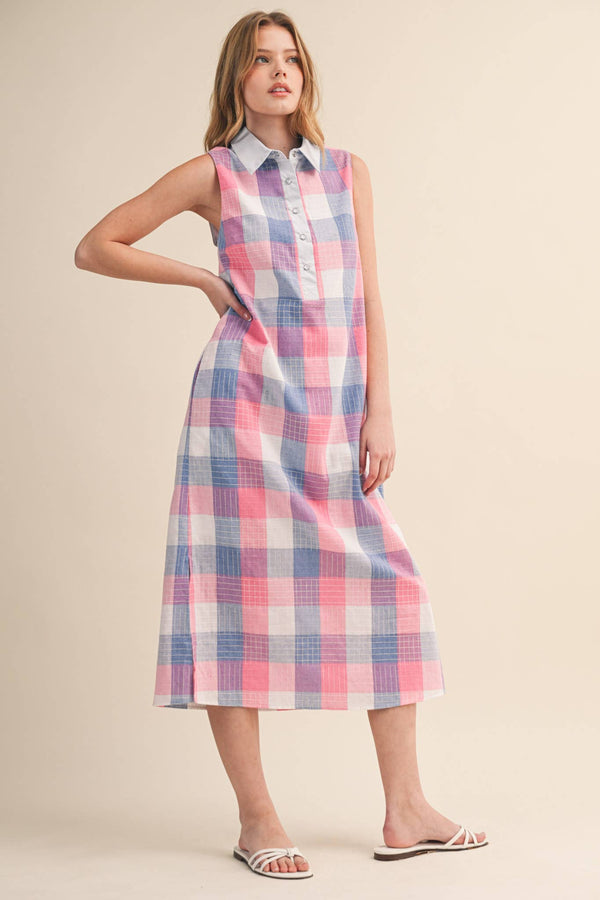 Checkered Plaid Button Down Midi Dress