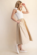 V-Neck Contrast Ribbon Tie Midi Dress