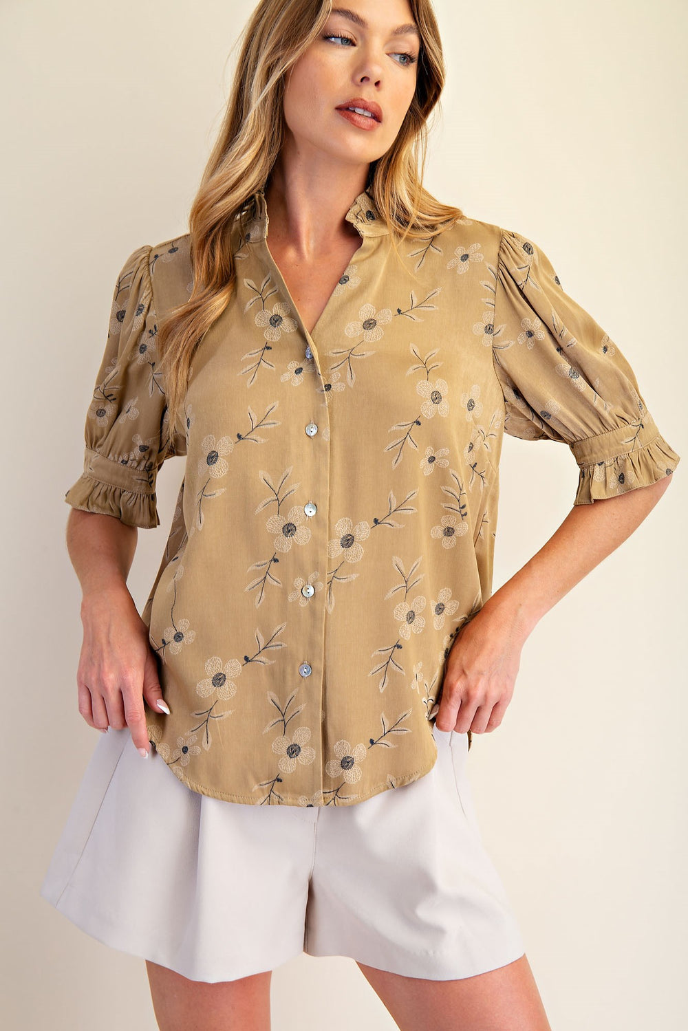 Floral Ruffle Neck Blouse