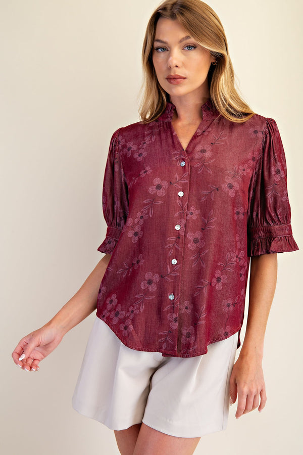 Floral Ruffle Neck Blouse