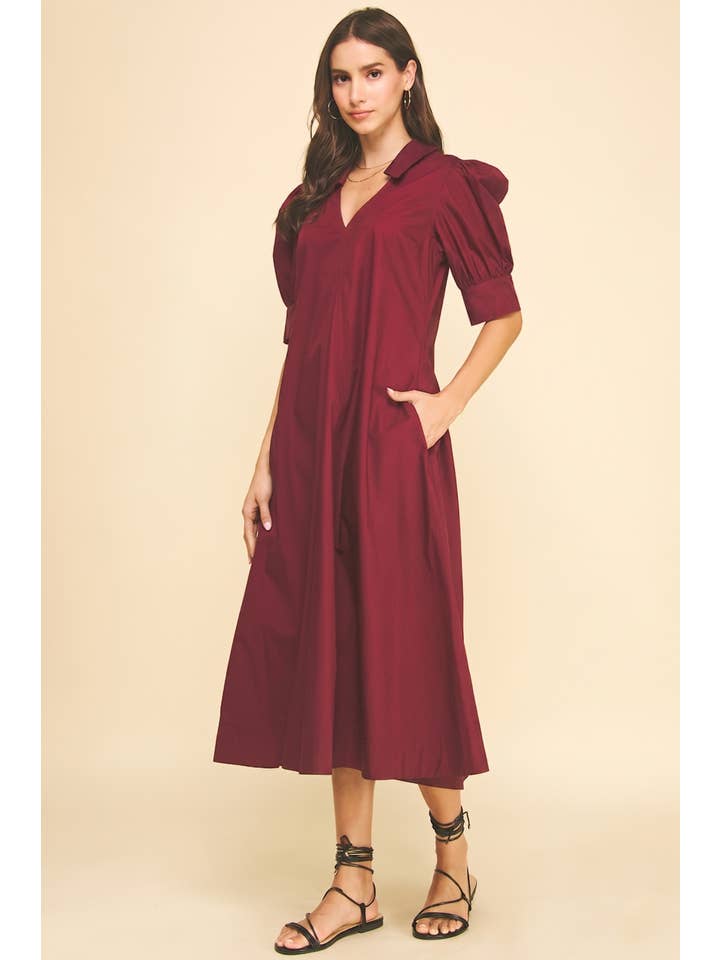 V-Neck Pleated A-Line Midi Dress