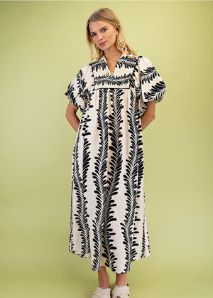 Printed Short Puff Sleeve Midi Dress