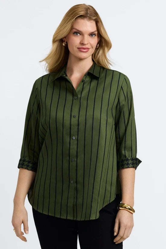 Foxcroft Agnes Stripe & Houndstooth Long Sleeve Popover Shirt