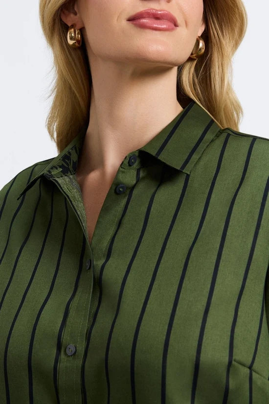 Foxcroft Agnes Stripe & Houndstooth Long Sleeve Popover Shirt