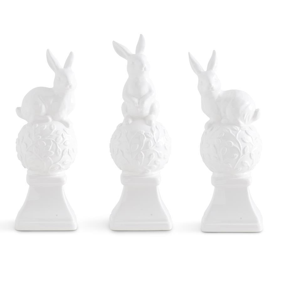 White Ceramic Finials w/Bunnies