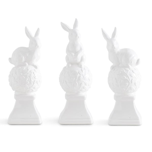 White Ceramic Finials w/Bunnies