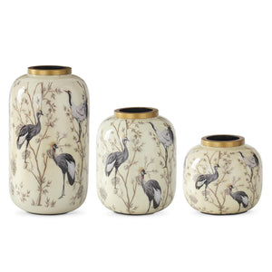 Cream Black & White Crane Enameled Vase