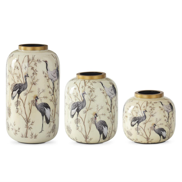 Cream Black & White Crane Enameled Vase