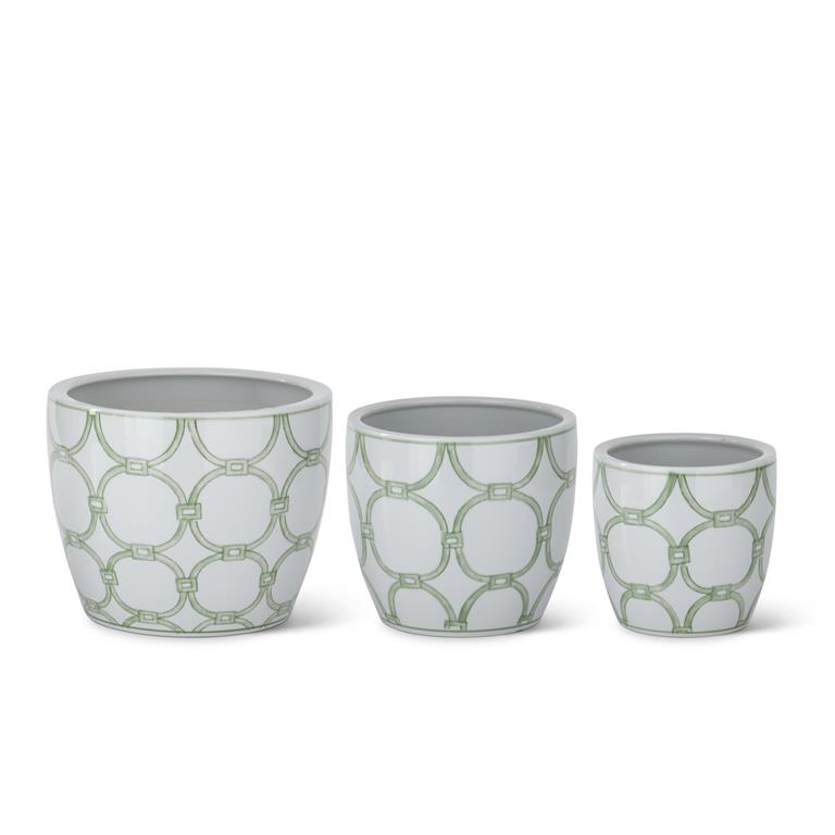 Green & White Ceramic Pots w/Drains