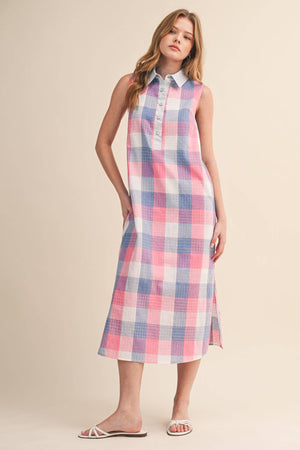 Checkered Plaid Button Down Midi Dress
