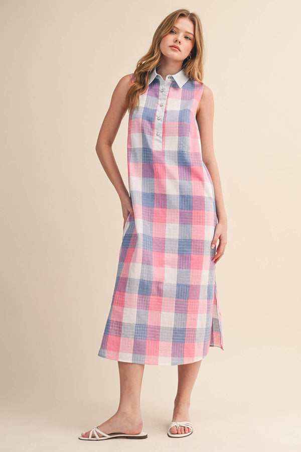 Checkered Plaid Button Down Midi Dress