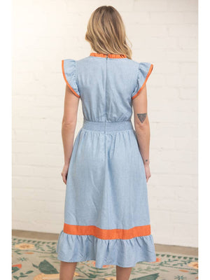 Ruffle Detailed Floral Embroidery Midi Dress