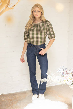 Suede Accent Banded Crinkled Plaid Top