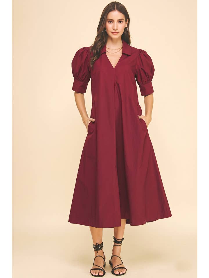 V-Neck Pleated A-Line Midi Dress