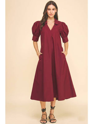 V-Neck Pleated A-Line Midi Dress