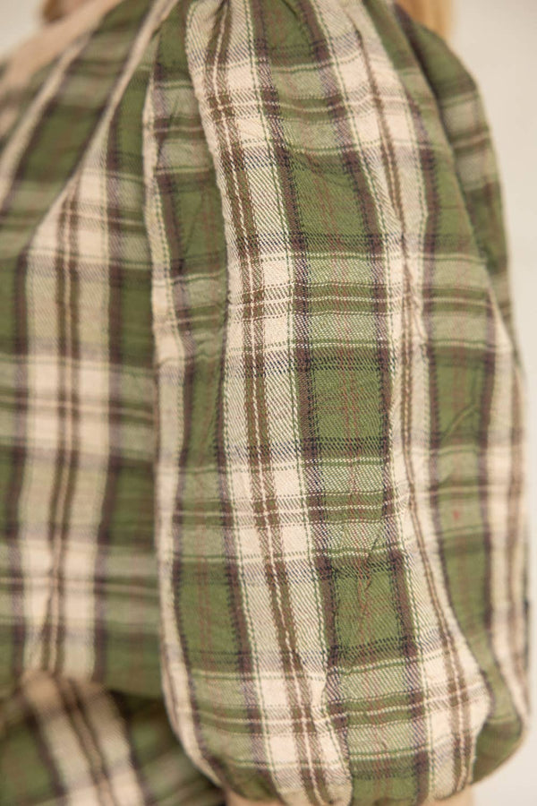 Suede Accent Banded Crinkled Plaid Top