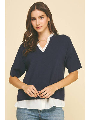 White Collar Layered Knit Top