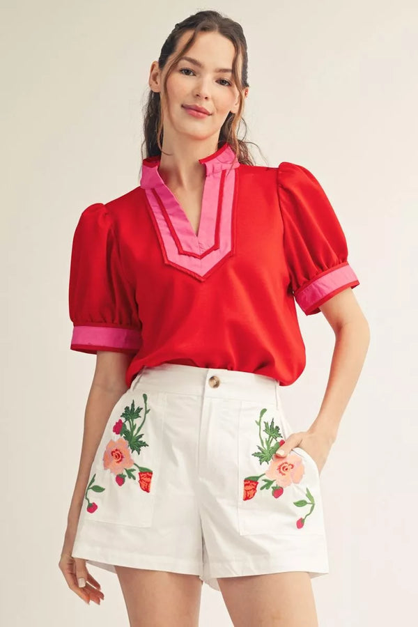 Puff Sleeve Standing Neck Top