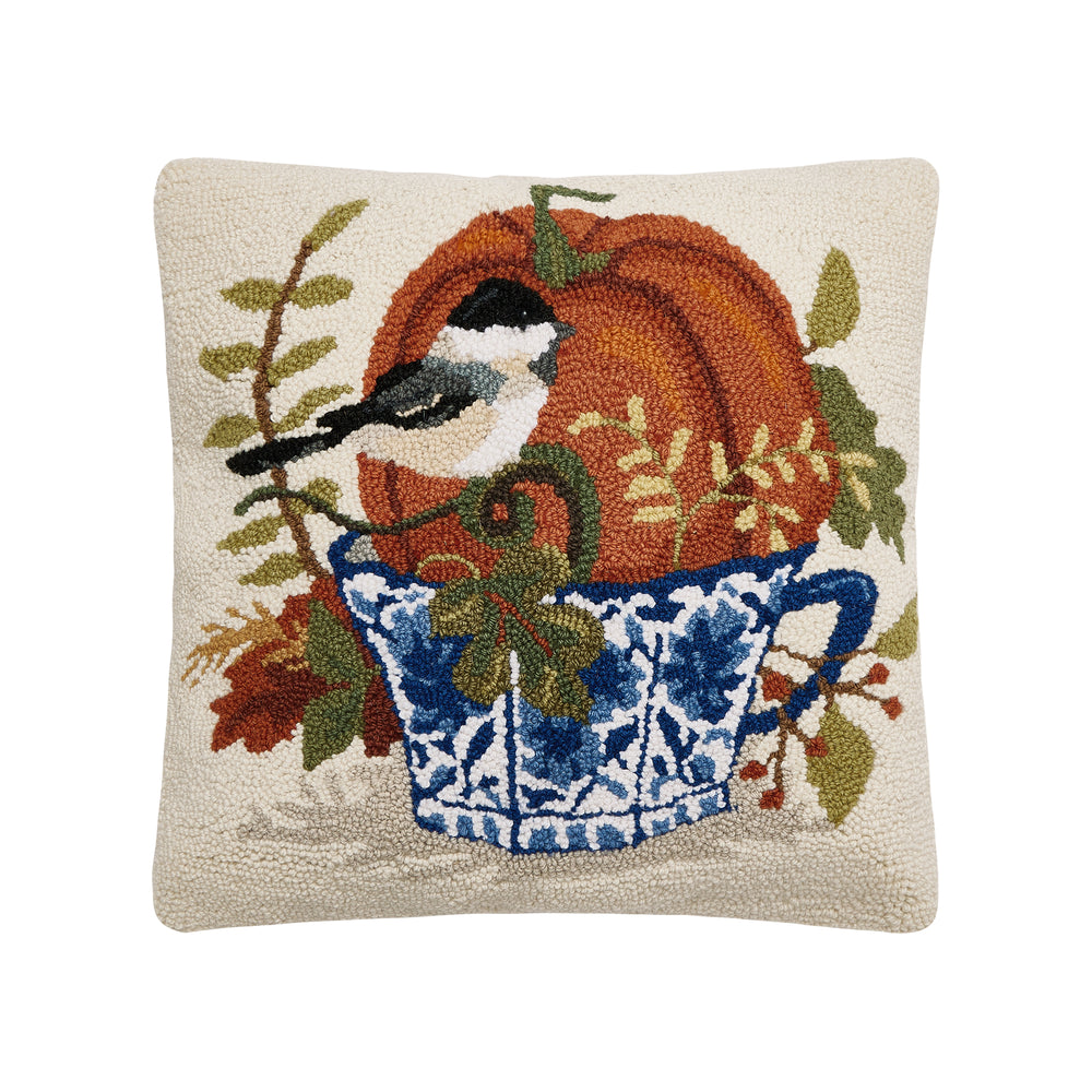 Fall Birds W/Teacups Hook Pillow Poly Filled
