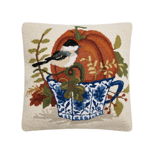 Fall Birds W/Teacups Hook Pillow Poly Filled