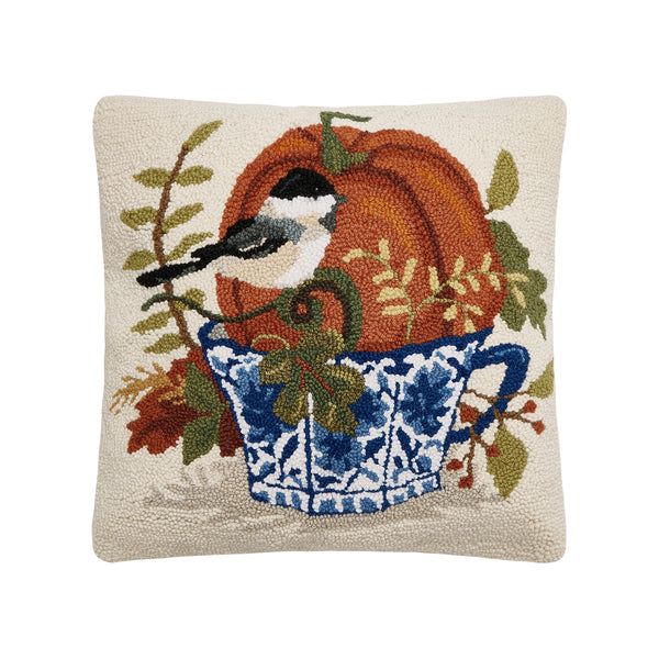 Fall Birds W/Teacups Hook Pillow Poly Filled