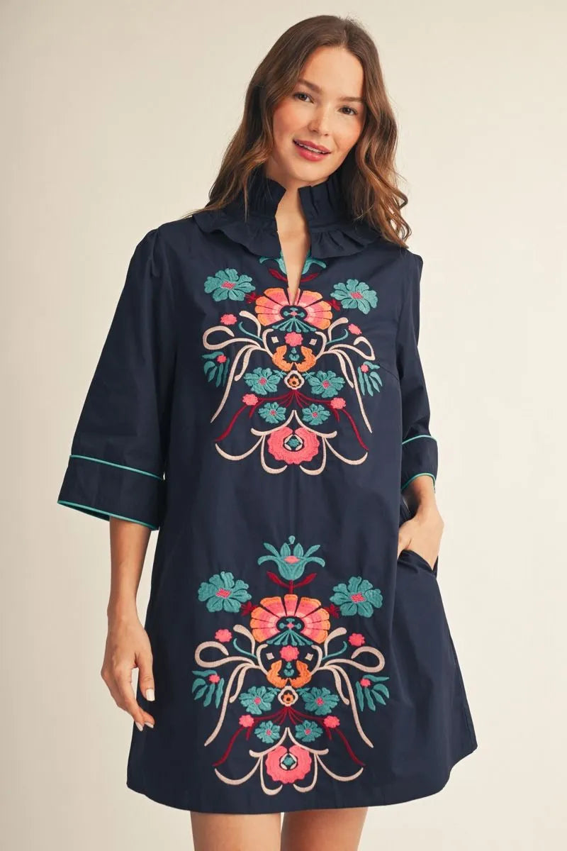 Navy Floral Standing Collar Mini Dress