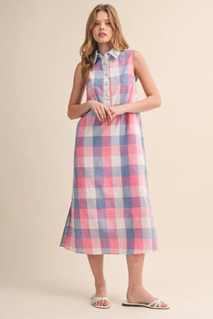 Checkered Plaid Button Down Midi Dress