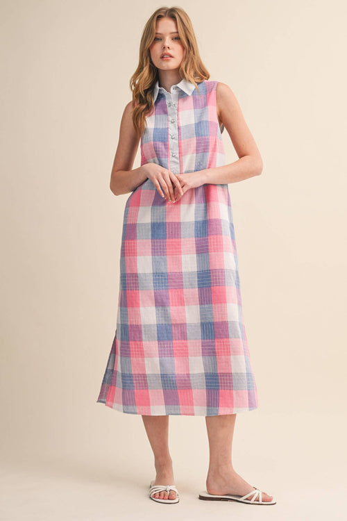 Checkered Plaid Button Down Midi Dress