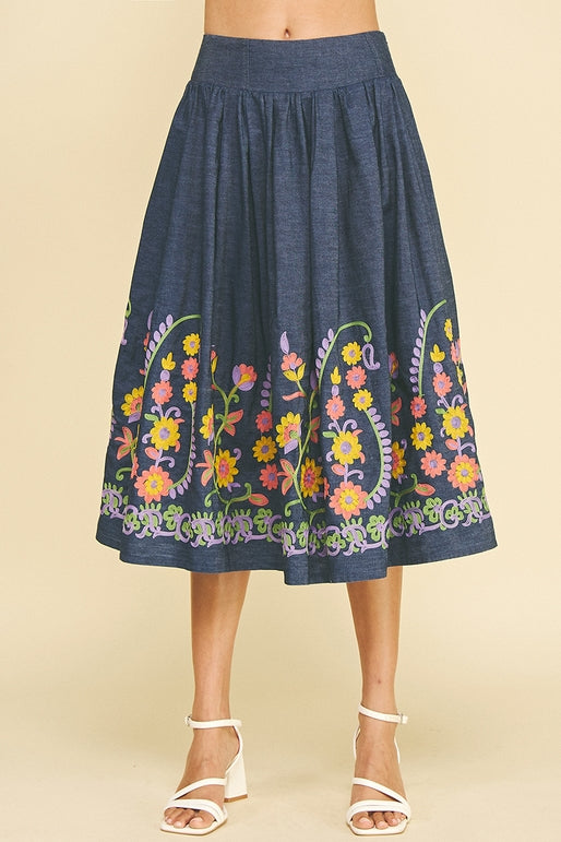 Flared Floral Embroidered Skirt