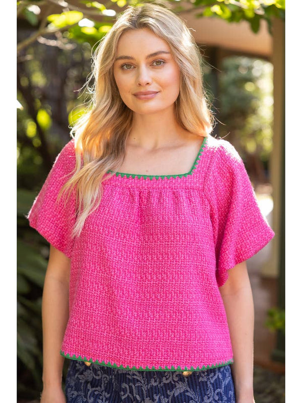 Triangle Edge Embroidered Detail Solid Tweed Top