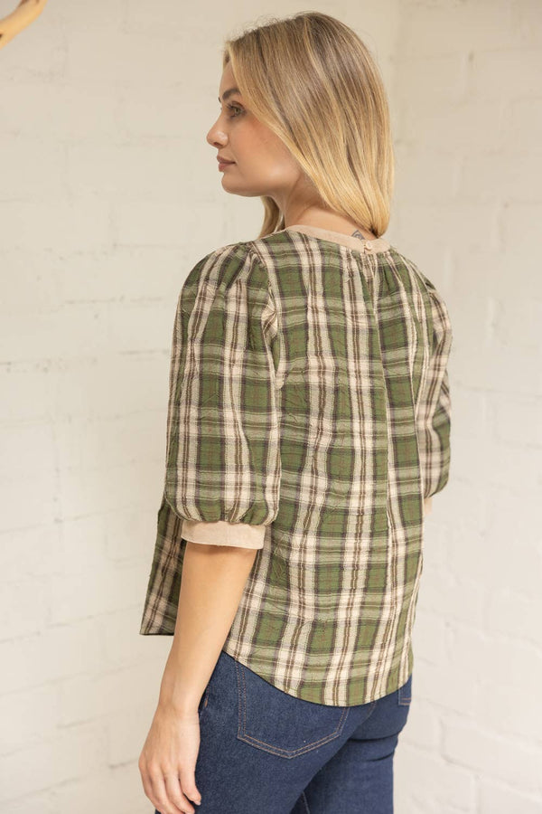 Suede Accent Banded Crinkled Plaid Top
