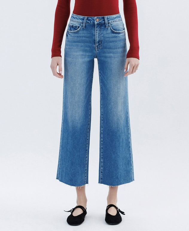 High Rise Raw Hem Crop Slim Wide Jeans