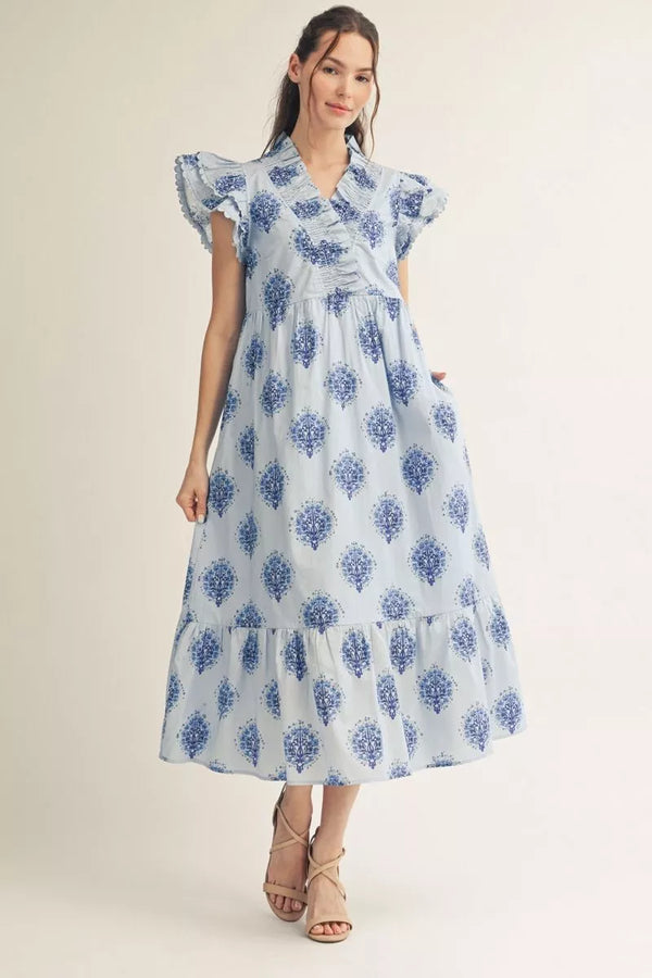 Layered Ruffle Floral Midi Dress