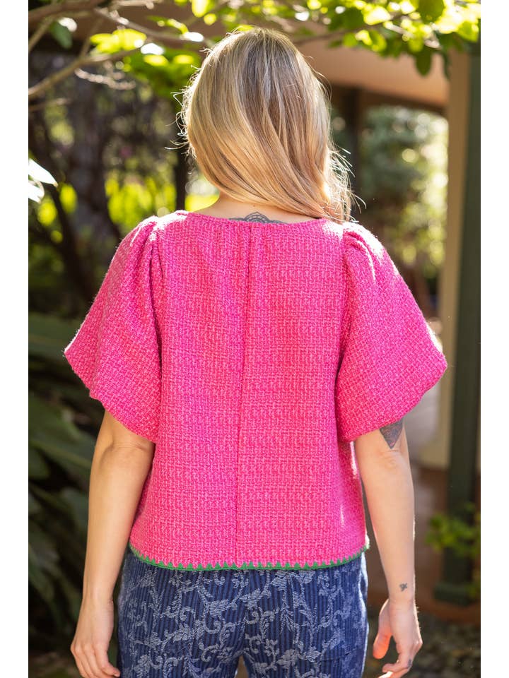 Triangle Edge Embroidered Detail Solid Tweed Top