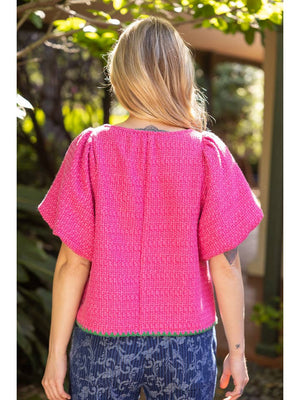 Triangle Edge Embroidered Detail Solid Tweed Top