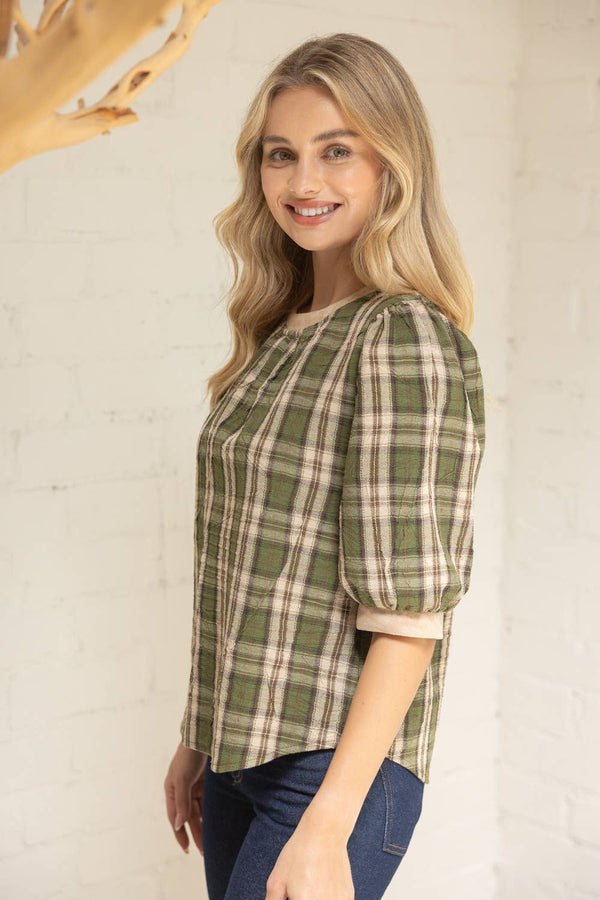 Suede Accent Banded Crinkled Plaid Top