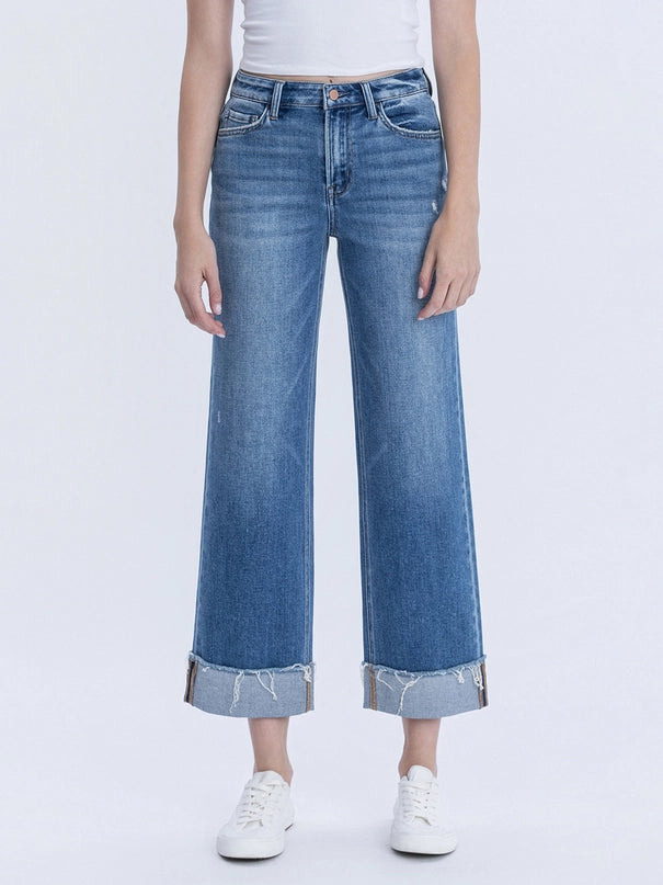 High Rise Cuffed Raw Hem Slim Wide Jeans