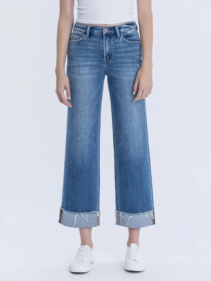 High Rise Raw Cuffed Slim Wide Jeans