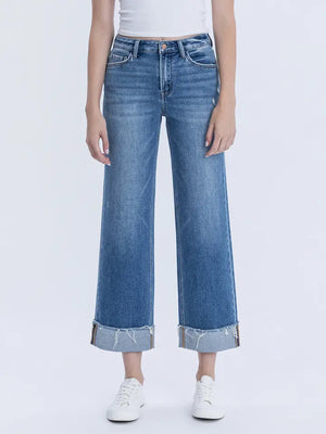 High Rise Raw Cuffed Slim Wide Jeans