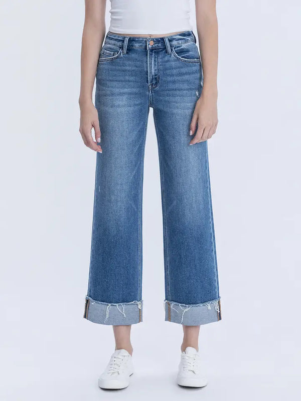 High Rise Raw Cuffed Slim Wide Jeans