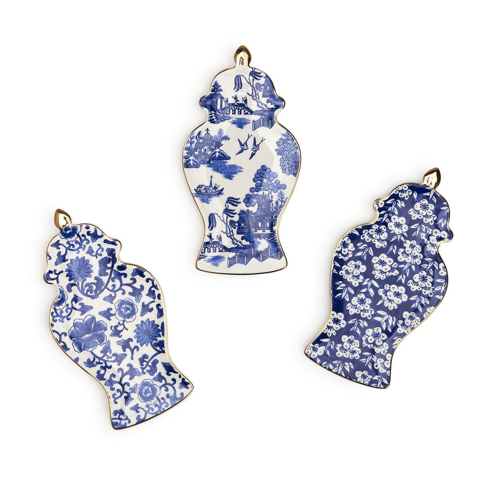 Blue and White Ginger Jar Trinket Tray with Gold Accent