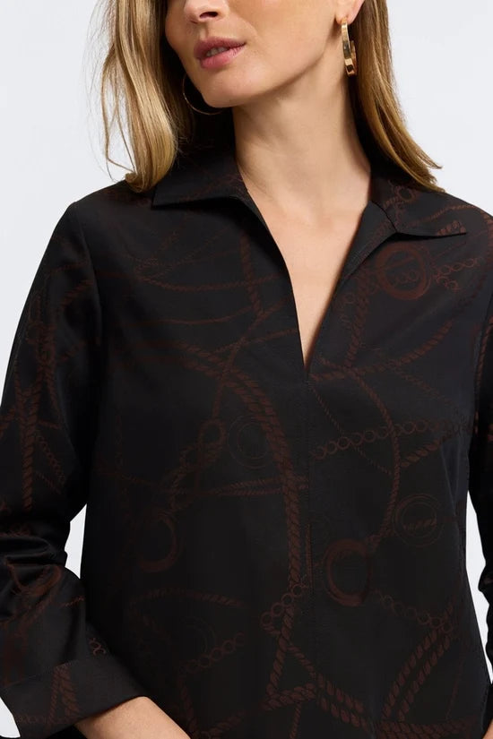 Foxcroft Agnes Chain Stripe Jacquard Long Sleeve Popover Shirt