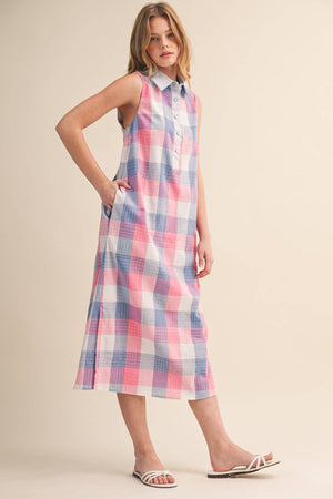 Checkered Plaid Button Down Midi Dress