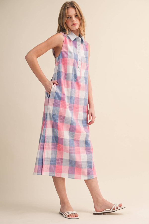 Checkered Plaid Button Down Midi Dress