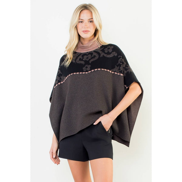 Jacquard Floral Knit Poncho
